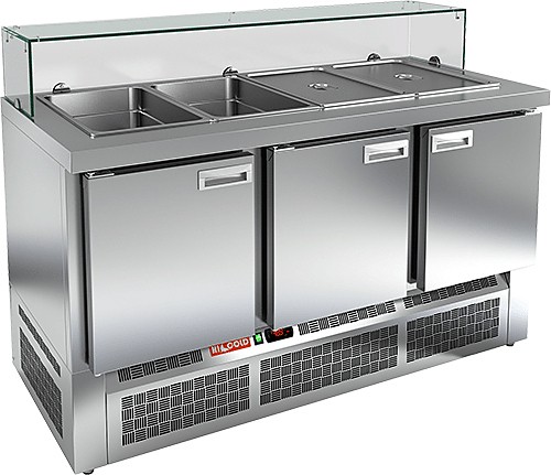 SLE3-111GN НИЗКОЕ СТЕКЛО стол для салатов, охл. (+2+10), 3 двери, 1485х700х1055мм